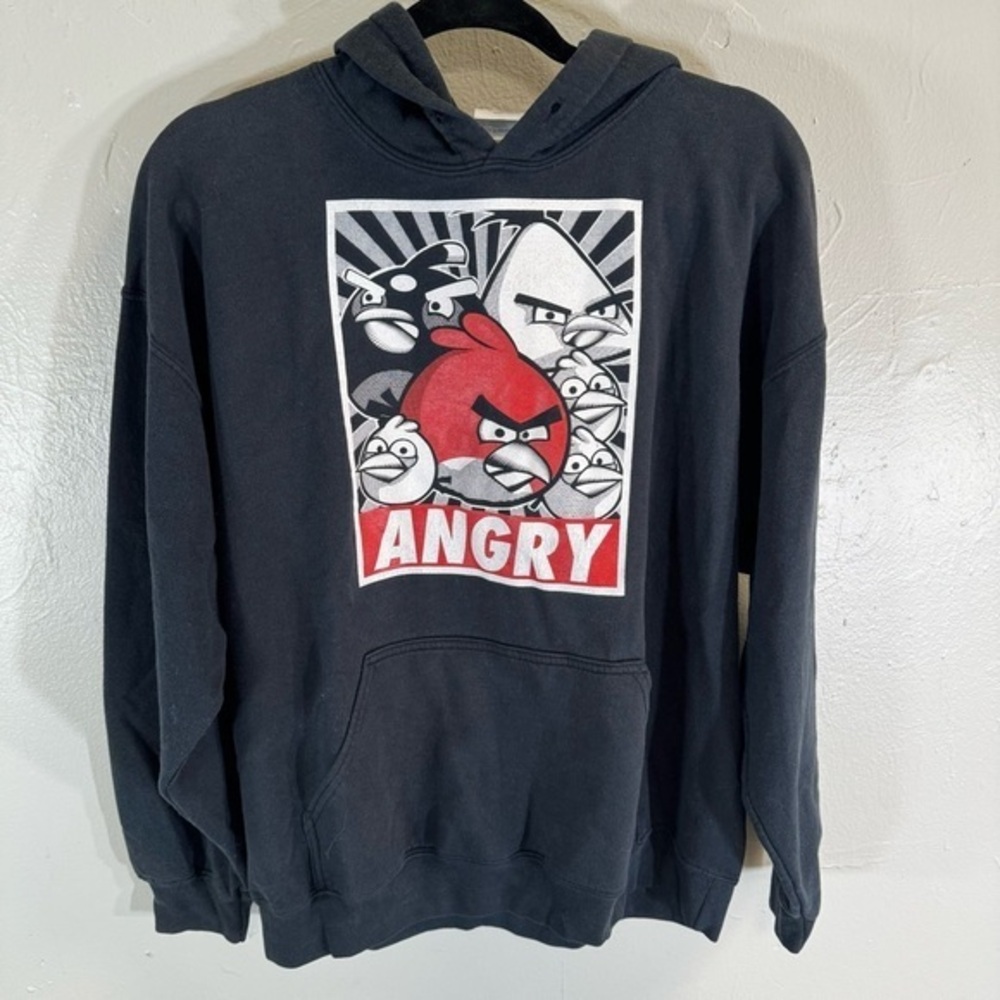 Angry Birds hoodie sweatshirt black graphic logo red men's large kangaroo pocket